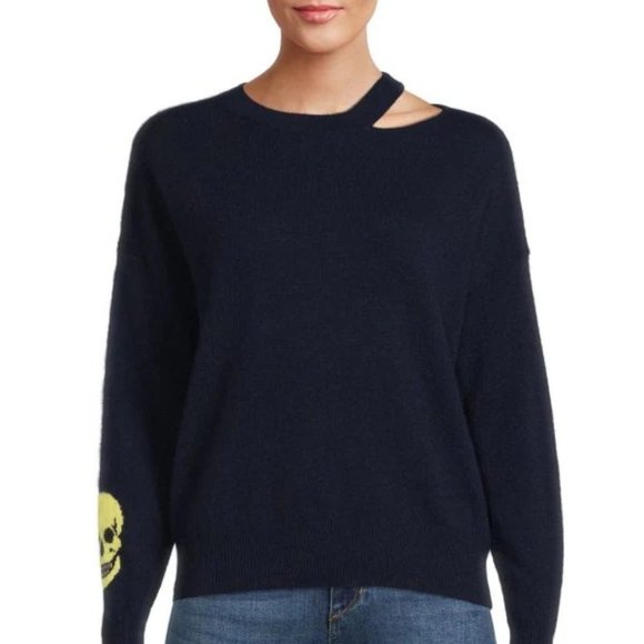 360 CASHMERE Rue Cutout Skull Print Navy Cashmere Cold Shoulder Pullover Sweater - Picture 1 of 13